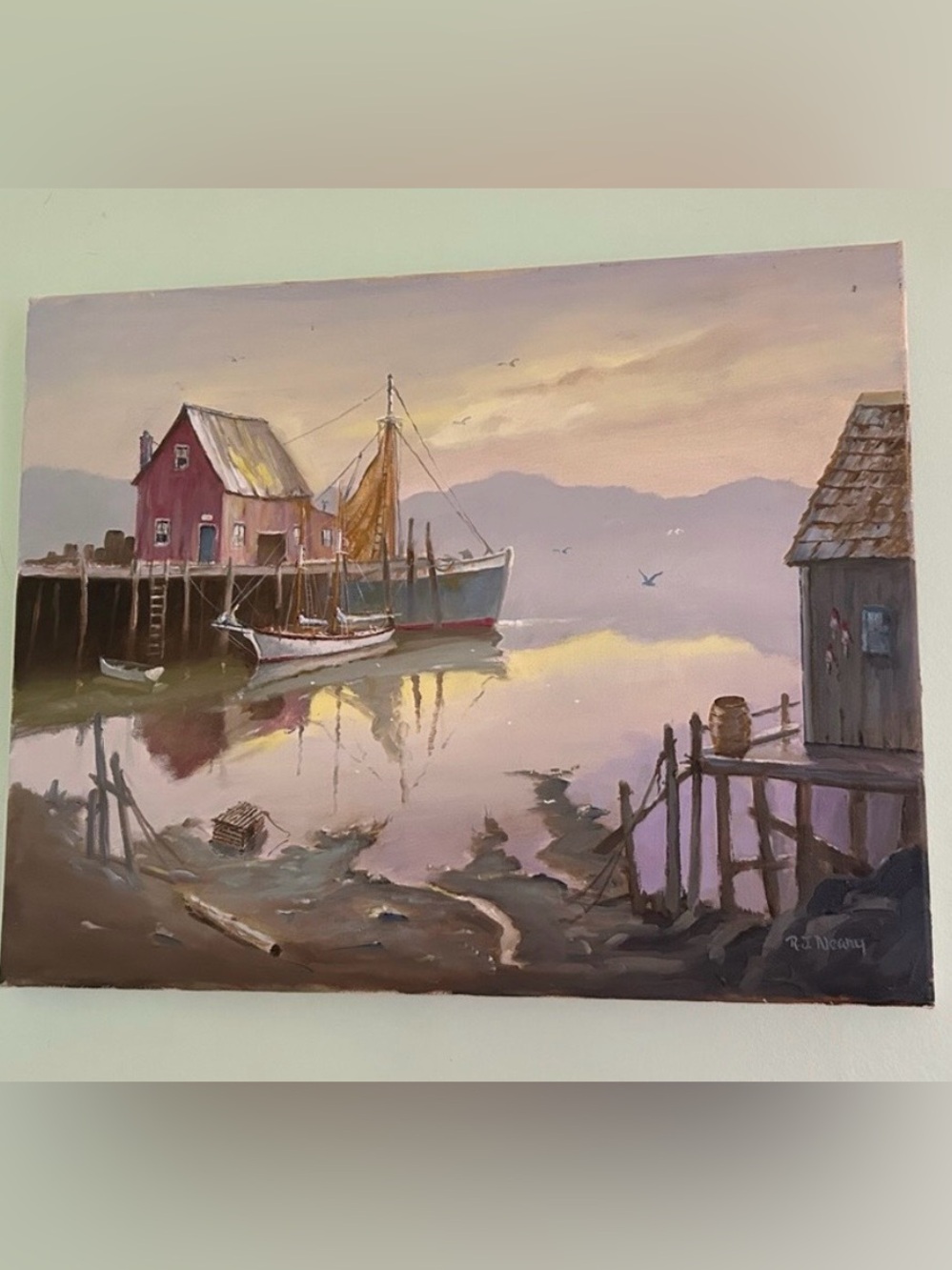 Rockport Mass  Painting in Yellow and Blue Tones by Artist RJ Neary